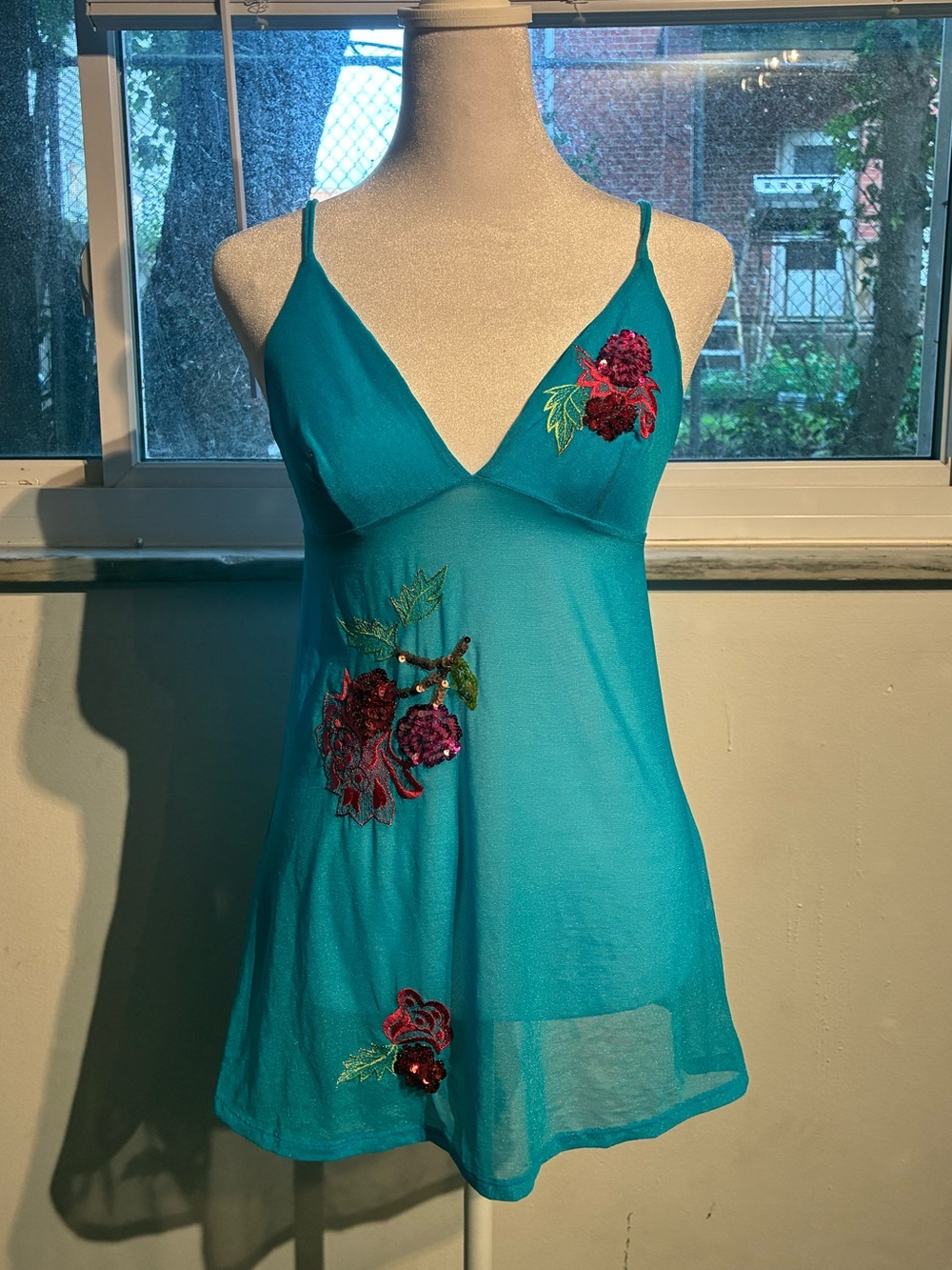 Victoria's Secret Teal Blue Sheer Chemise with Red Floral Embroidery
